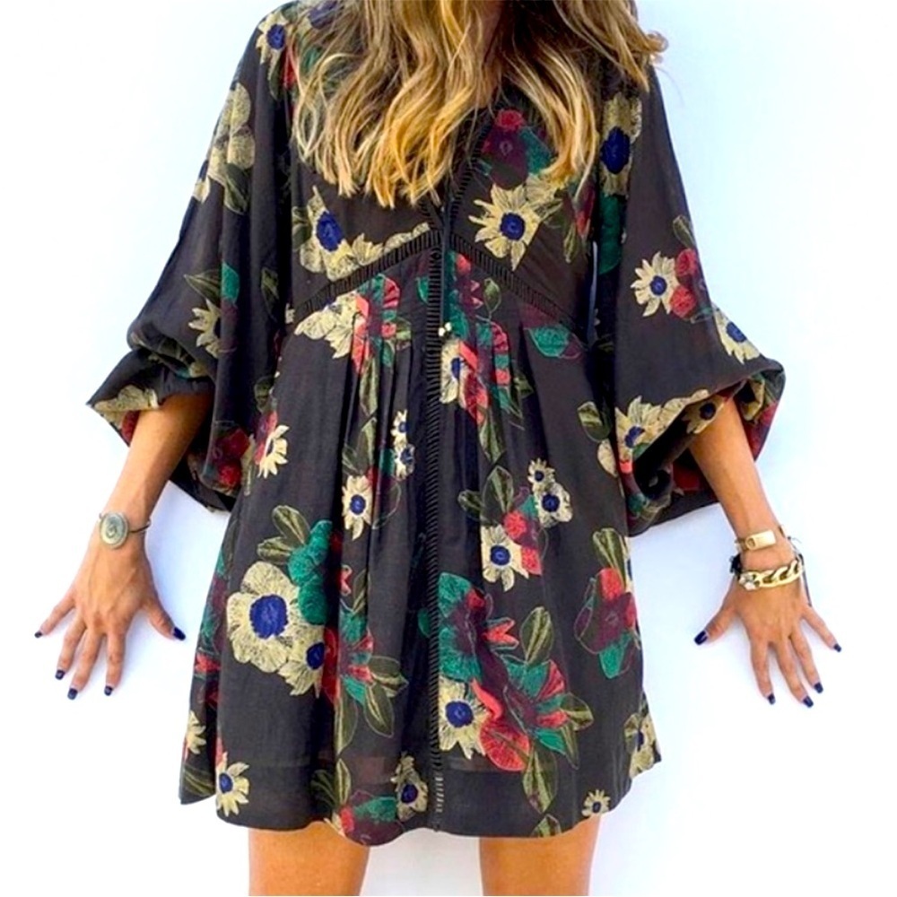 NWOT FREE PEOPLE Strawberry Fields Floral Tunic Dress Brown Long Sleeve Boho SM